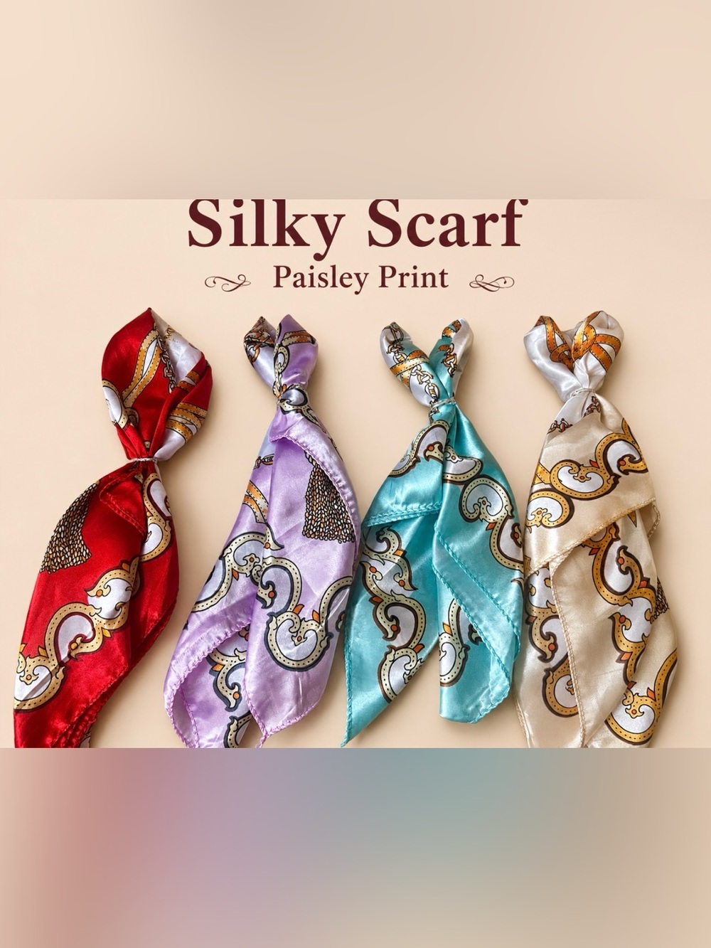 Silky Paisley Print Scarf - Red, Pink, Teal, and Cream